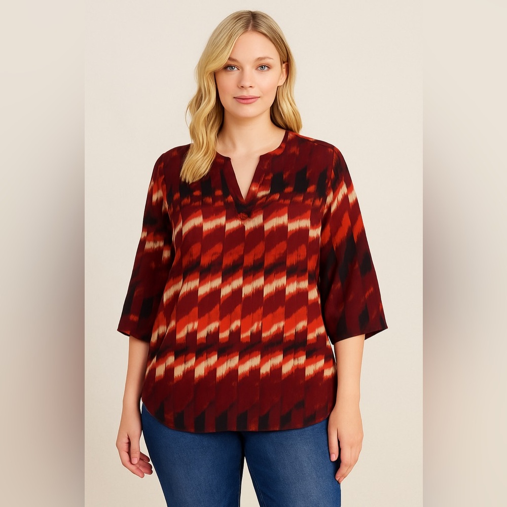 Cato Plus Size 14/16W Red Abstract Print Blouse Tunic Top 3/4 Sleeve Split Neck